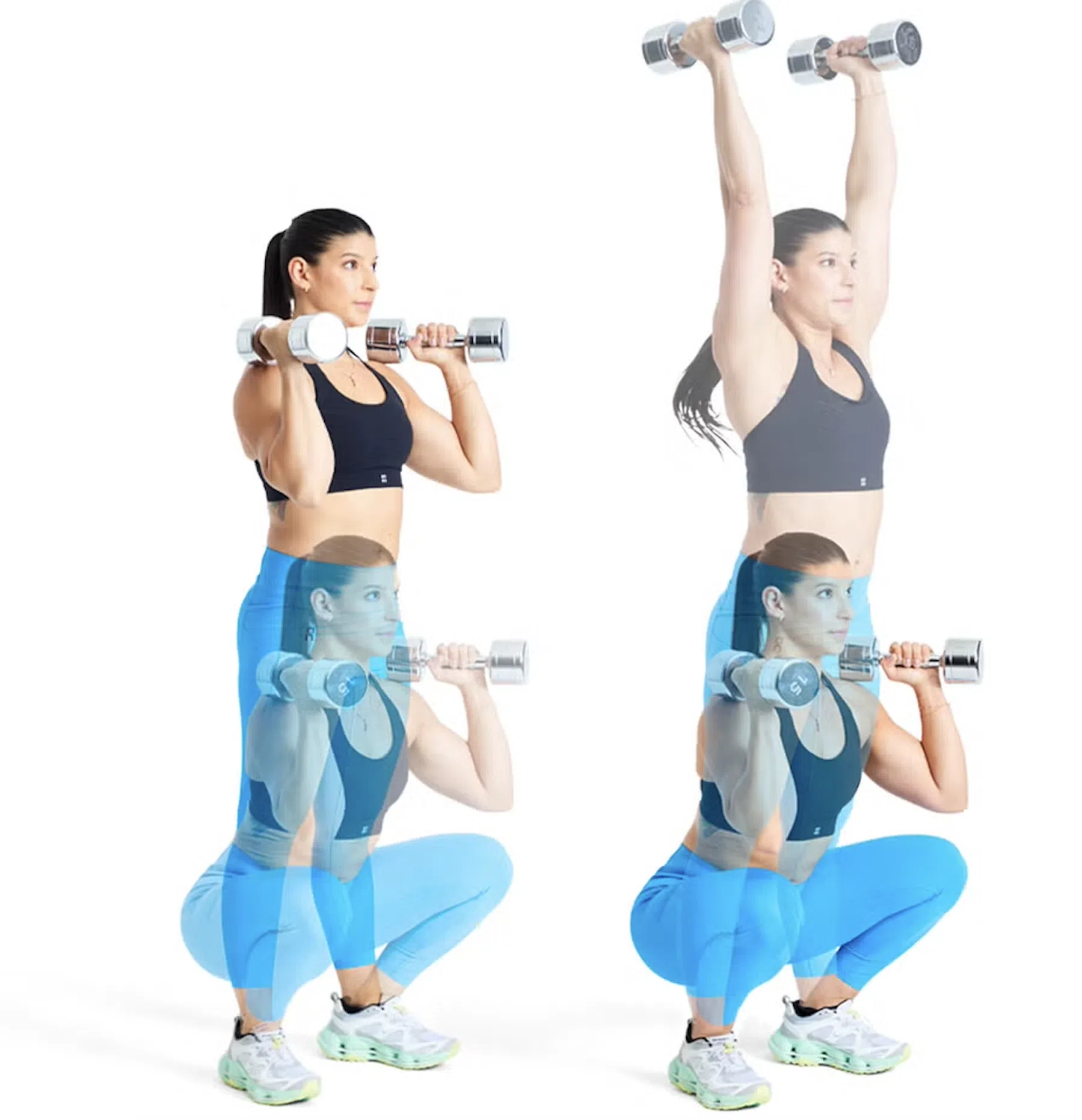 Vrouw die een dumbbell thruster uitvoert